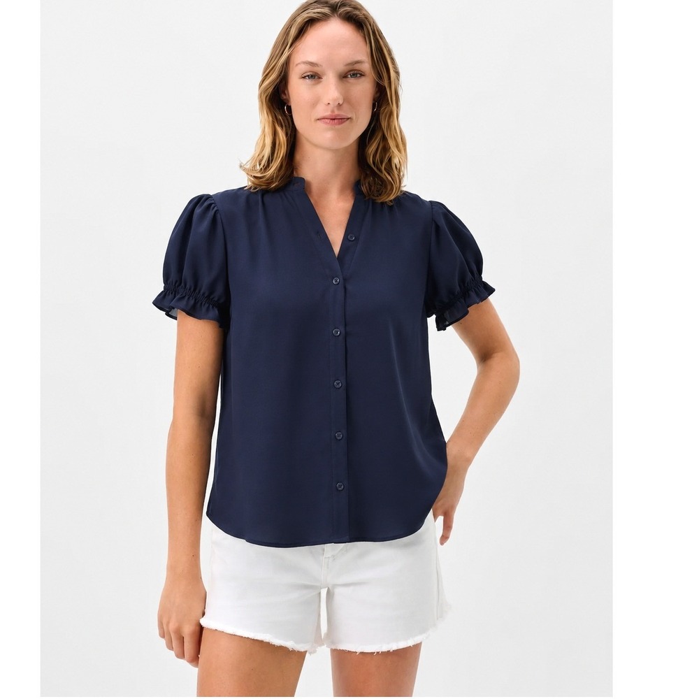 Johnnie-O Navy Puff Sleeve Button Front Blouse Women's Medium